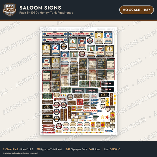Alpine Railworks 30138HO HO Scale Saloon Signs - Honky-Tonk Roadhouse