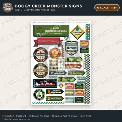 Alpine Railworks 30153G G Scale Boggy Creek Monster Signs