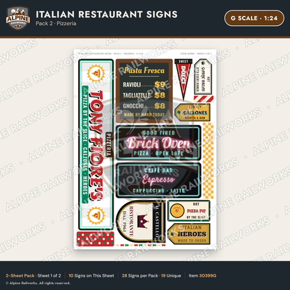 Alpine Railworks 30399G G Scale Italian Restaurant Signs - Pizzeria
