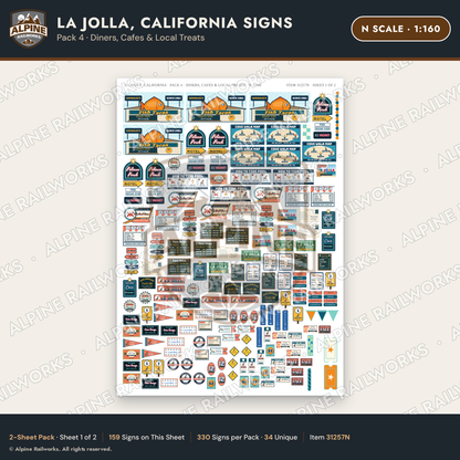 Alpine Railworks 31257N N Scale La Jolla CA Signs - Diners & Cafes