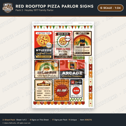 Alpine Railworks 30627G G Scale Restaurant Signs - Pizza Parlor