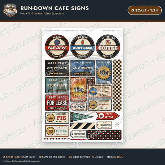 Alpine Railworks 30480G G Scale Run-Down Cafe Signs