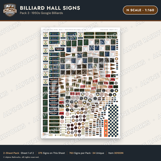 Alpine Railworks 30100N N Scale Billiard Hall Signs - Googie Billiards