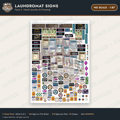 Alpine Railworks 30303HO HO Scale Laundromat Signs - Hand Laundry