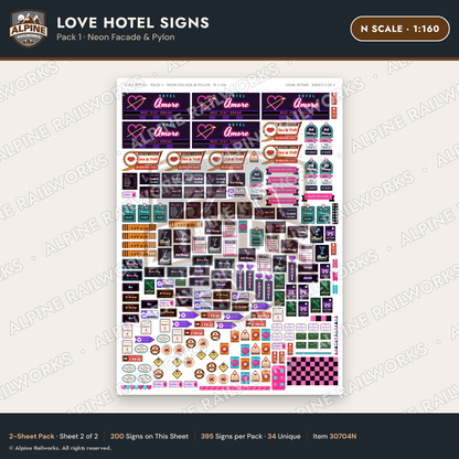 Alpine Railworks 30704N N Scale Love Hotel Signs - Neon Facade & Pylon