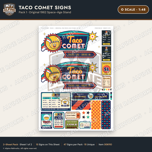 Alpine Railworks 30611O O Scale Fast Food Signs - Tacos