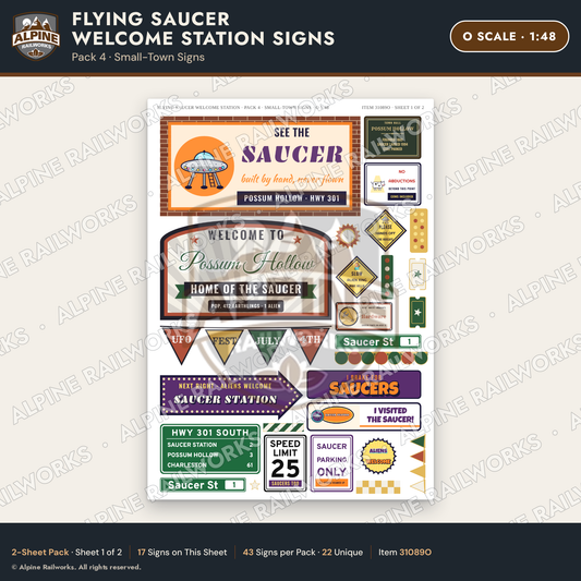 Alpine Railworks 31089O O Scale Roadside Signs - UFO Welcome Center
