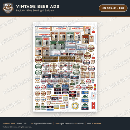 Alpine Railworks 30079HO HO Scale Vintage Beer Ads - 1970s Bowling