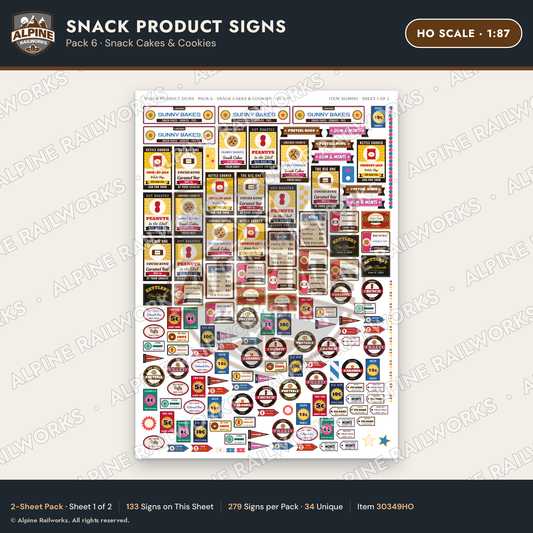 Alpine Railworks 30349HO HO Scale Snack Product Signs - Snack Cakes