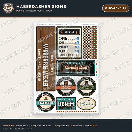 Alpine Railworks 30318G G Scale Haberdasher Signs - Western Wear