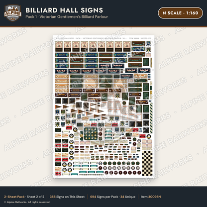 Alpine Railworks 30098N N Scale Billiard Hall Signs