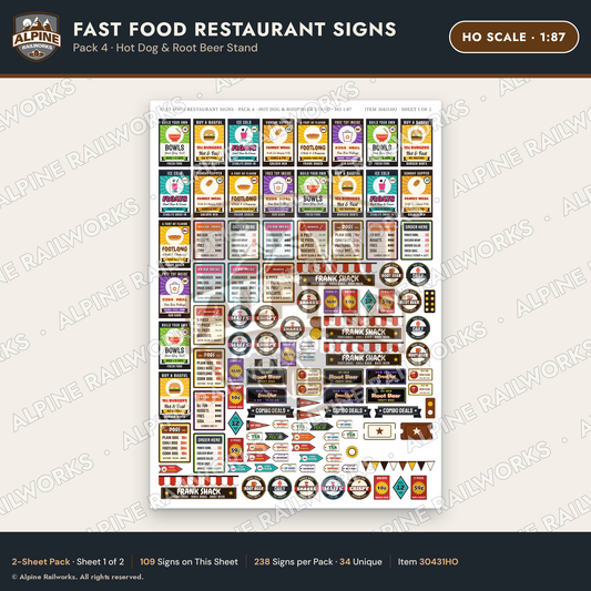 Alpine Railworks 30431HO HO Scale Fast Food Restaurant Signs - Hot Dog