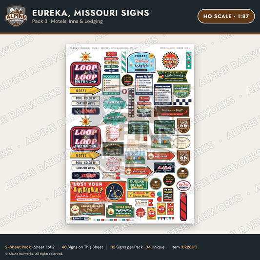 Alpine Railworks 31226HO HO Scale Eureka MO Signs - Motels & Inns