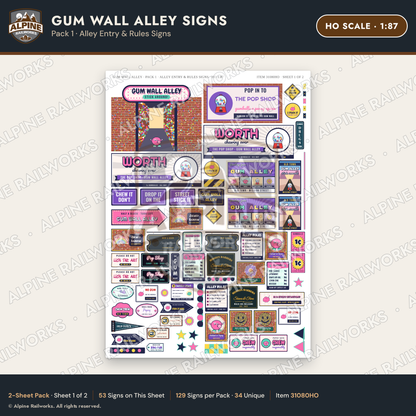 Alpine Railworks 31080HO HO Scale Roadside Signs - Bubblegum Alley