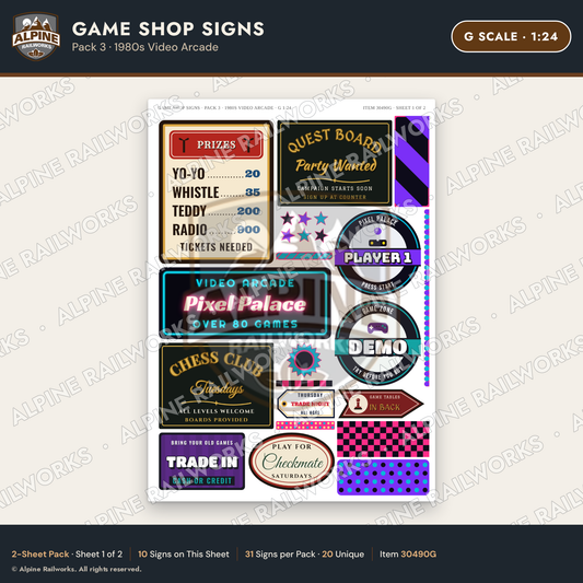 Alpine Railworks 30490G G Scale Game Shop Signs - 1980s Video Arcade