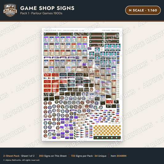 Alpine Railworks 30488N N Scale Game Shop Signs - Parlour Games 1900s
