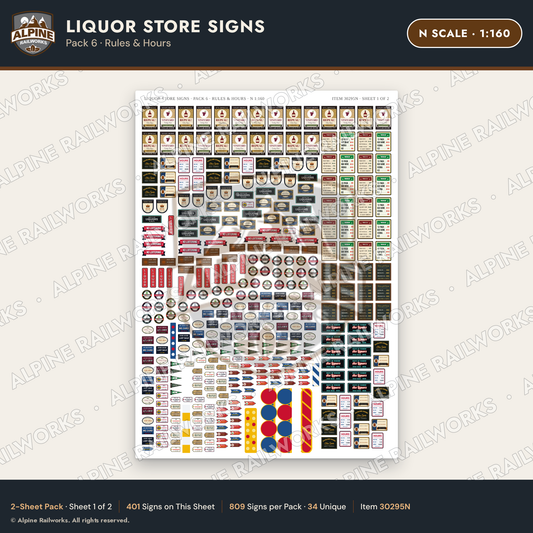 Alpine Railworks 30295N N Scale Liquor Store Signs - Rules & Hours