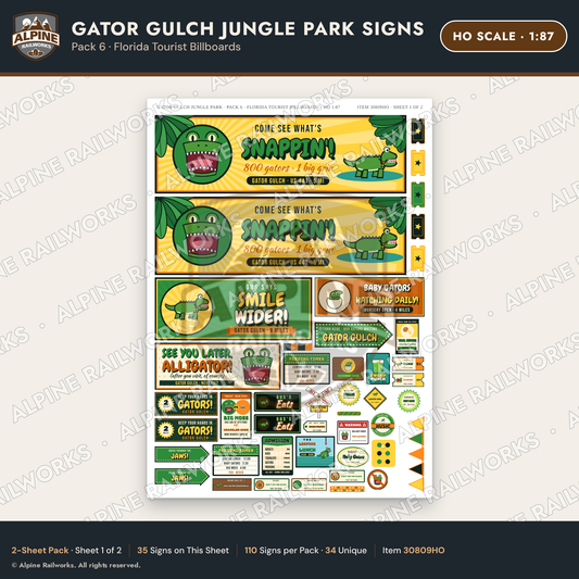 Alpine Railworks 30809HO HO Scale Roadside Signs - Alligator Park