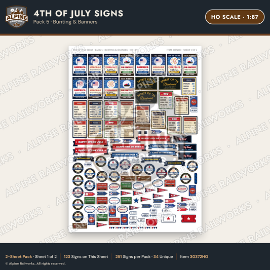 Alpine Railworks 30372HO HO Scale 4th of July Signs - Bunting