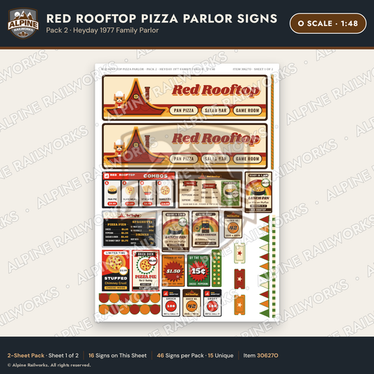 Alpine Railworks 30627O O Scale Restaurant Signs - Pizza Parlor