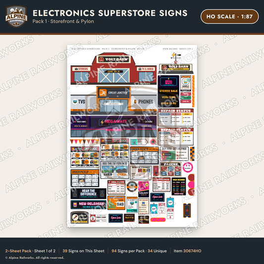 Alpine Railworks 30674HO HO Scale Electronics Superstore Signs