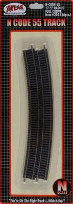 Atlas Model Railroad 2022 N Scale Code 55 Track 17-1/2" Radius Full Curve pkg(6)
