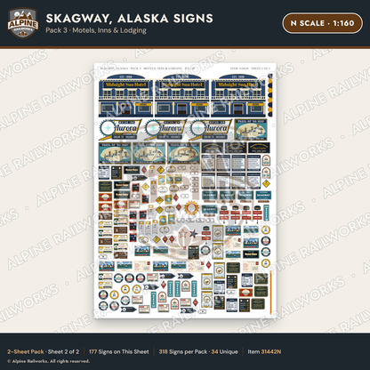 Alpine Railworks 31442N N Scale Skagway AK Signs - Motels & Inns