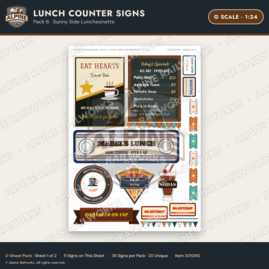 Alpine Railworks 30109G G Scale Lunch Counter Signs