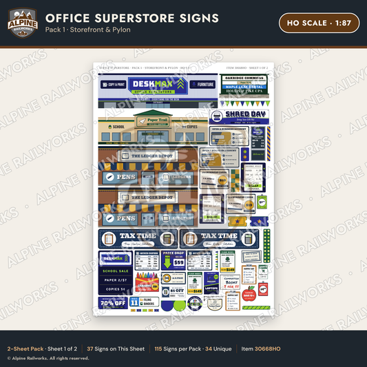 Alpine Railworks 30668HO HO Scale Office Superstore Signs - Storefront