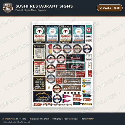 Alpine Railworks 30424O O Scale Sushi Restaurant Signs