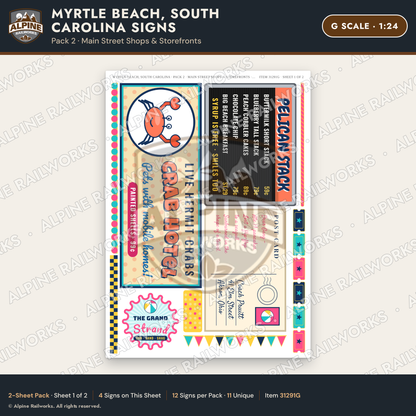 Alpine Railworks 31291G G Scale Myrtle Beach SC Signs - Shops
