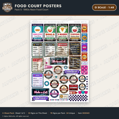 Alpine Railworks 30204O O Scale Food Court Posters - Neon Food Court