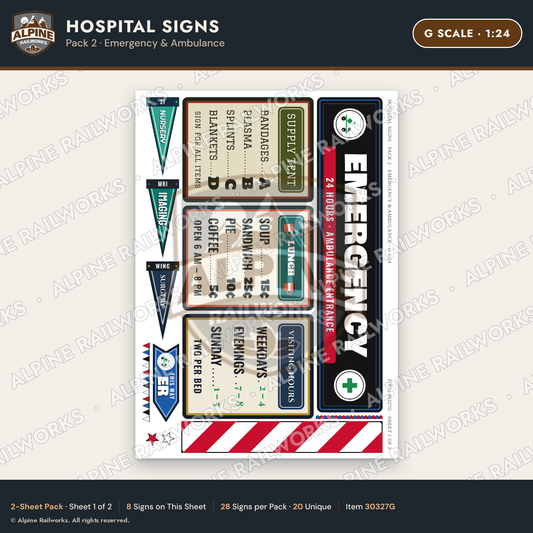 Alpine Railworks 30327G G Scale Hospital Signs - Emergency & Ambulance