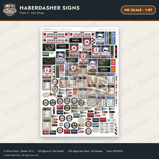 Alpine Railworks 30315HO HO Scale Haberdasher Signs - Hat Shop
