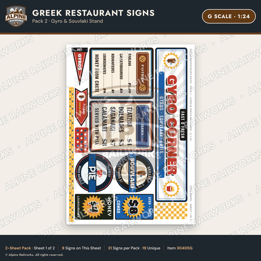 Alpine Railworks 30405G G Scale Greek Restaurant Signs - Gyro