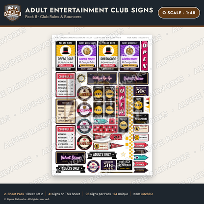 Alpine Railworks 30283O O Scale Adult Entertainment Club Signs