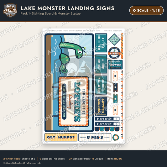 Alpine Railworks 31104O O Scale Roadside Signs - Lake Monster