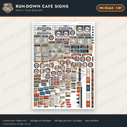 Alpine Railworks 30478HO HO Scale Run-Down Cafe Signs