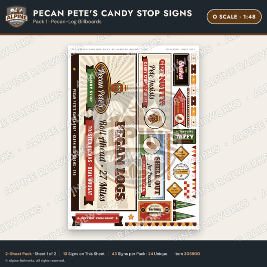 Alpine Railworks 30590O O Scale Roadside Signs - Pecan Candy Stop