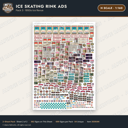 Alpine Railworks 30064N N Scale Ice Skating Rink Ads - 1950s Ice Revue