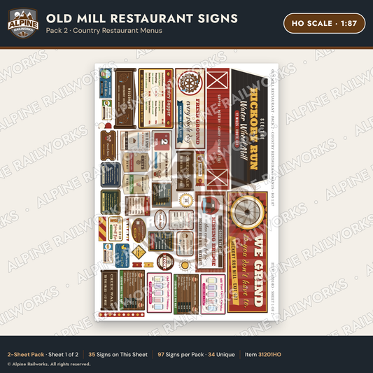 Alpine Railworks 31201HO HO Scale Old Mill Signs - Restaurant Menus
