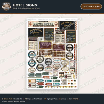 Alpine Railworks 30124O O Scale Hotel Signs - Railroad Depot Hotel