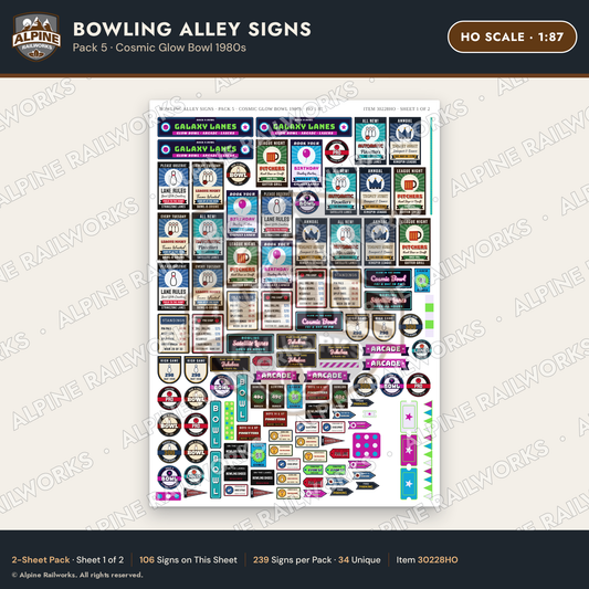 Alpine Railworks 30228HO HO Scale Bowling Alley Signs