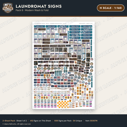 Alpine Railworks 30307N N Scale Laundromat Signs - Modern Wash & Fold