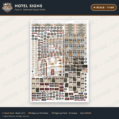 Alpine Railworks 30124N N Scale Hotel Signs - Railroad Depot Hotel