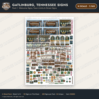 Alpine Railworks 31266N N Scale Gatlinburg TN Signs - Welcome Signs