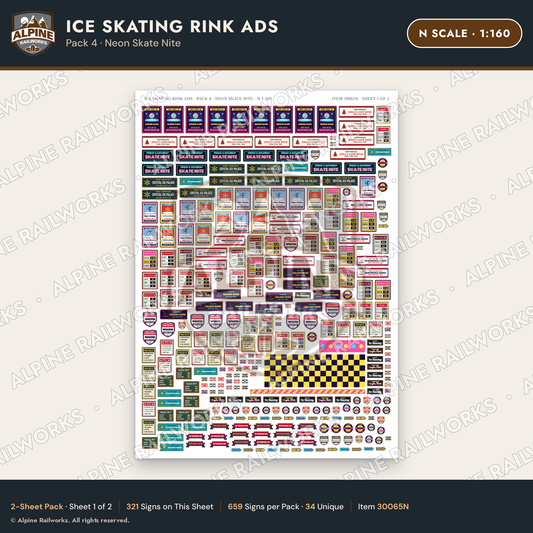 Alpine Railworks 30065N N Scale Ice Skating Rink Ads - Neon Skate Nite