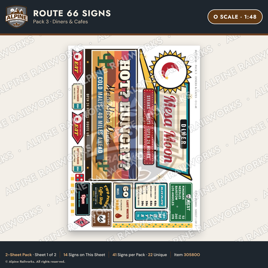 Alpine Railworks 30580O O Scale Route 66 Highway Signs - Diners