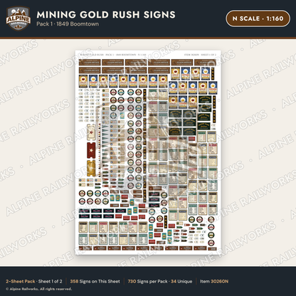 Alpine Railworks 30260N N Scale Mining Gold Rush Signs - 1849 Boomtown