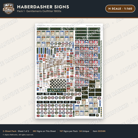 Alpine Railworks 30314N N Scale Haberdasher Signs